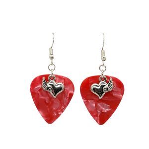 Heart with Wing Charm Guitar Pick Earrings - Choose Color - Handmade in USA